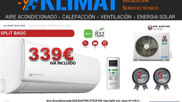 Split Inverter air conditioner EAS ELECTRIC with  brand heat pump With R32 refrigerant and a cooling capacity of 2,236 A ++ / A ++ energy-rated refrigerators and a noise level of only 22 db. Mute function. It incorporates a photo-catalytic and antibacterial filter in addition to protection against corrosion. With 2 years total warranty and [&hellip;]